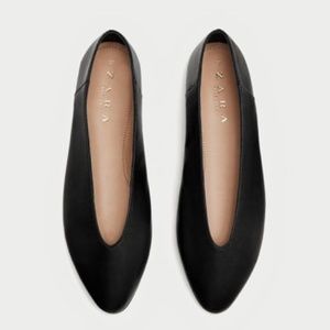 Zara Black V-cut Leather Ballerina Flats
